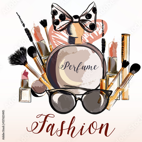 Fashion vector illustration with perfume, make up, mascara, lipstick for design