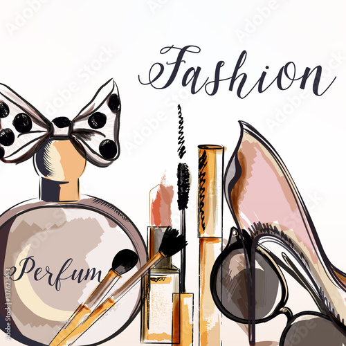 Illustration with perfume, make up, mascara, lipstick
