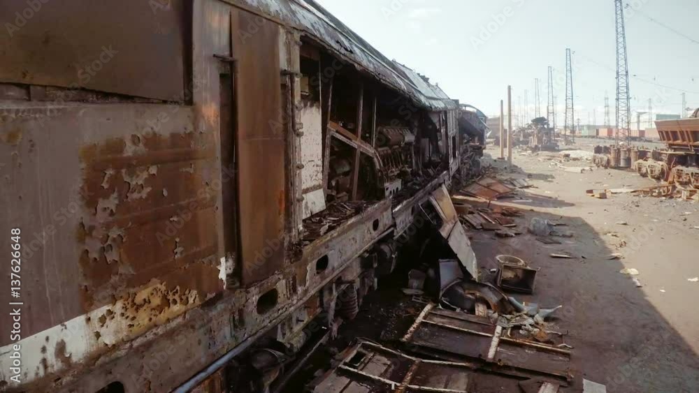 Aerial. Old broken parts of wagons and locomotives Aerial. Old broken parts of wagons and locomotives