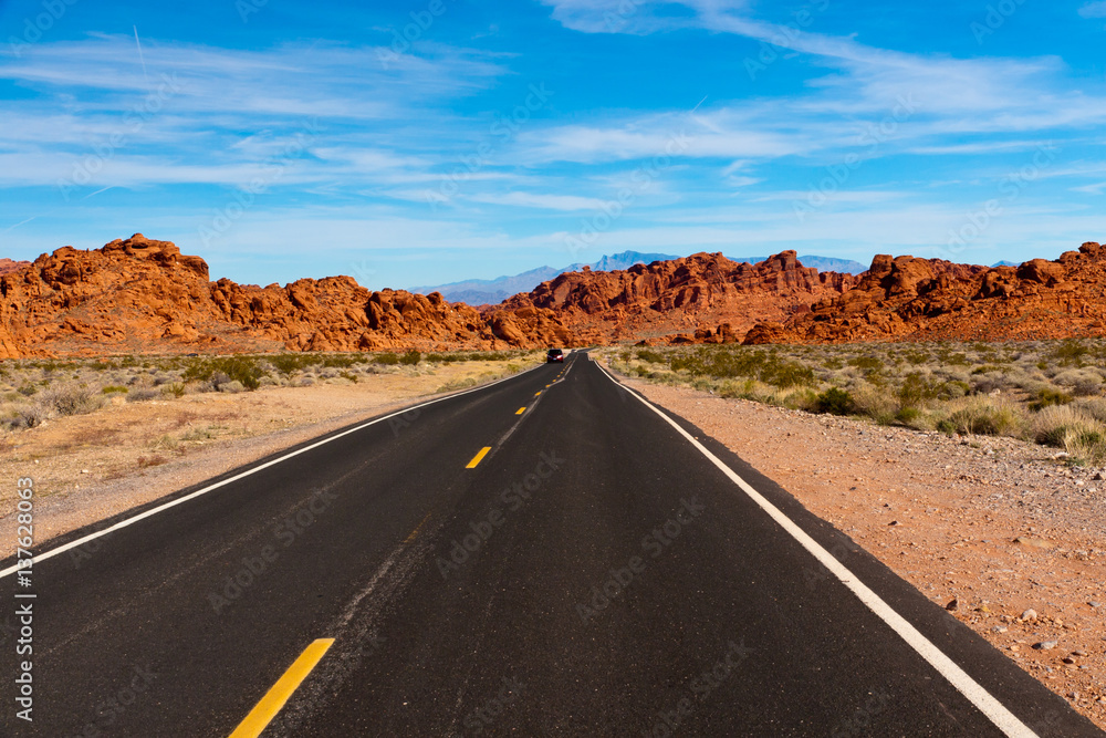 Road into stone desert. Valley of Fire State Park, Nevada, USA.
