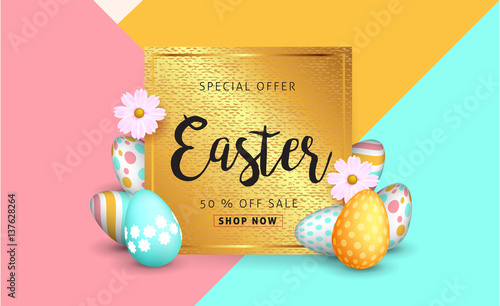 Easter sale banner background  template with beautiful colorful spring flowers and eggs. Vector illustration.