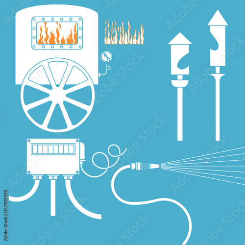 Steam furnace and whistles, electrical box and hose spraying water.
