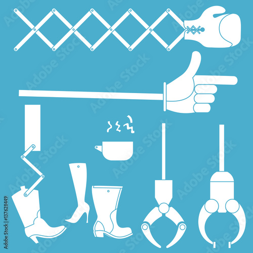 Wacky machine parts. An extending boxing glove, an extending pointing finger, grappling claws, a cowboy boot kicker mechanism.
