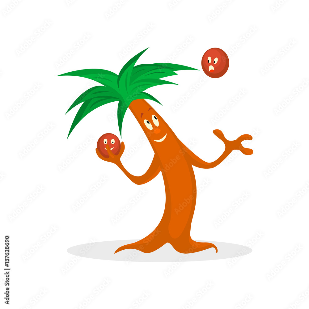 Cartoon palm tree play with kakos on the on the island isolated on a white background.
