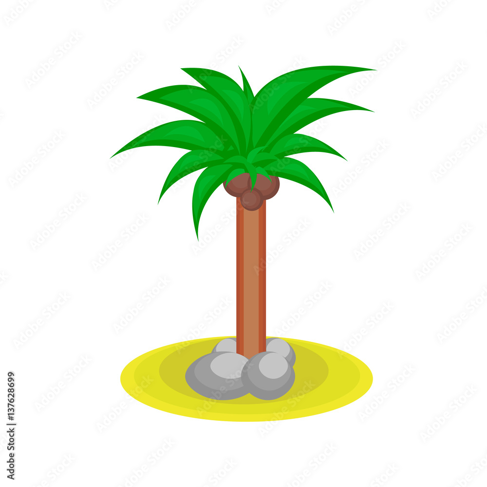Cartoon palm tree with kakos on the on the island isolated on a white background.