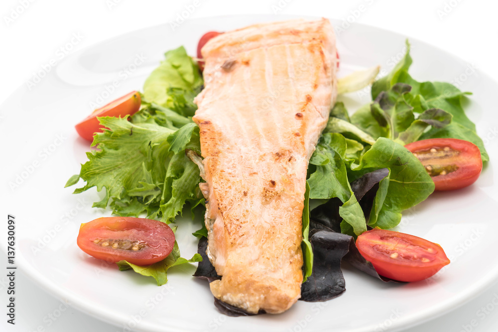 grilled salmon steak on white grilled salmon steak on white