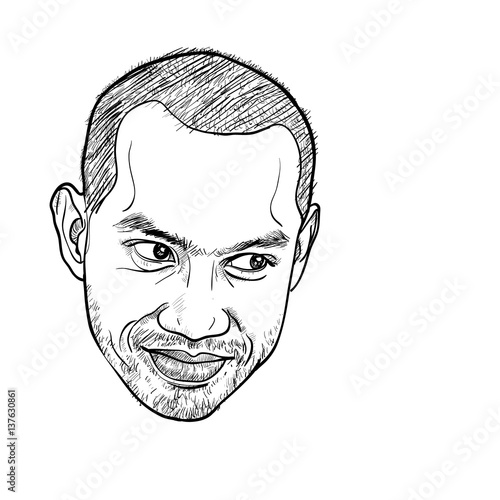 Drawing of smiling asian male face on white