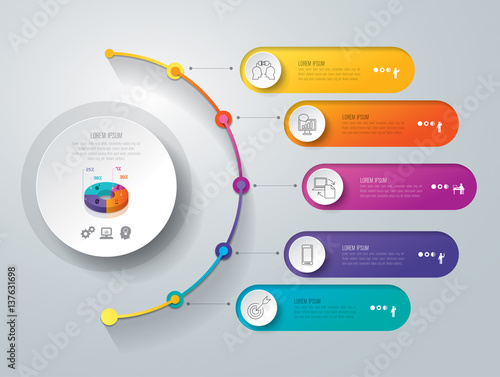 Timeline infographics design vector and business icons with 5 options.