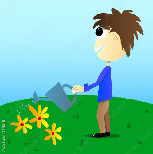 Vector illustrated cartoon little boy watering flower.