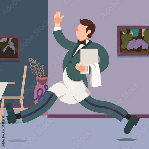 Restaurant waiter/greeter presenting a table. A chair sits open and waiting for you ,the customer.
