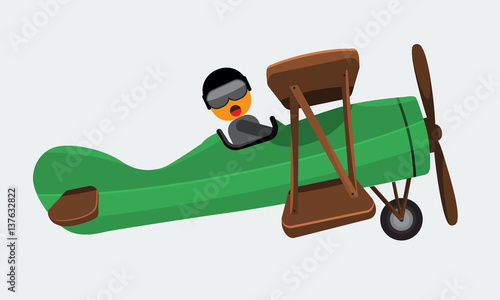 Illustration of a man pilot riding on a vintage plane on a white background. Vector illustration with flat and solid color design photo