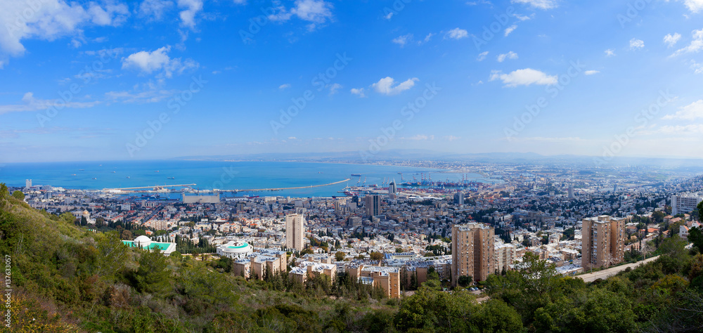 Aerial image of the city of Haifa, Israel over the slope of mount Carmel