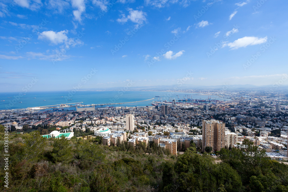 Aerial image of the city of Haifa, Israel over the slope of mount Carmel