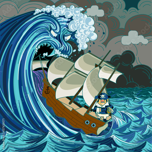Mean faced giant monster mouth wave with big teeth swallowing an old style sailing ship as the captain stowically stands in the back.