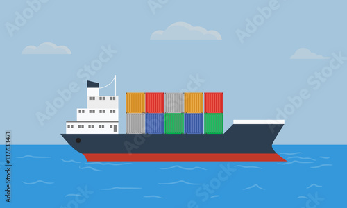 Cargo container ship transports containers at the blue ocean. Flat and solid color style vector illustration
