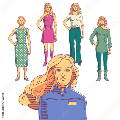 1950 to 1980 women in era styled clothing.
