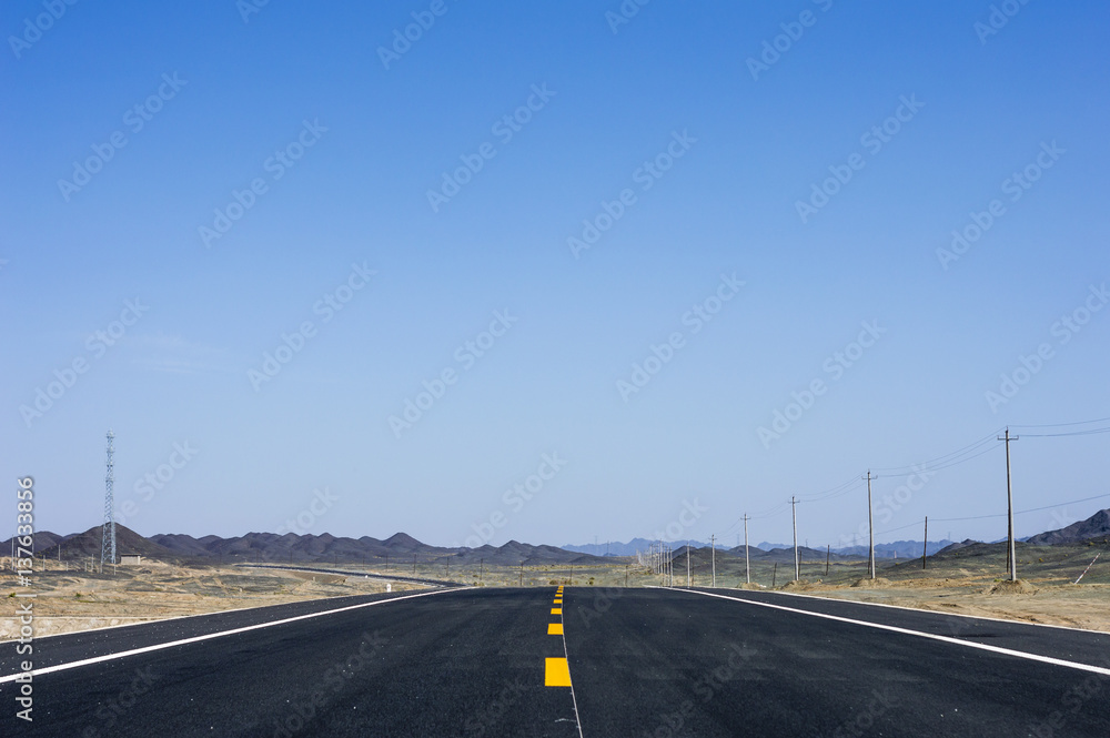 Empty road in desert in Qinghai, China