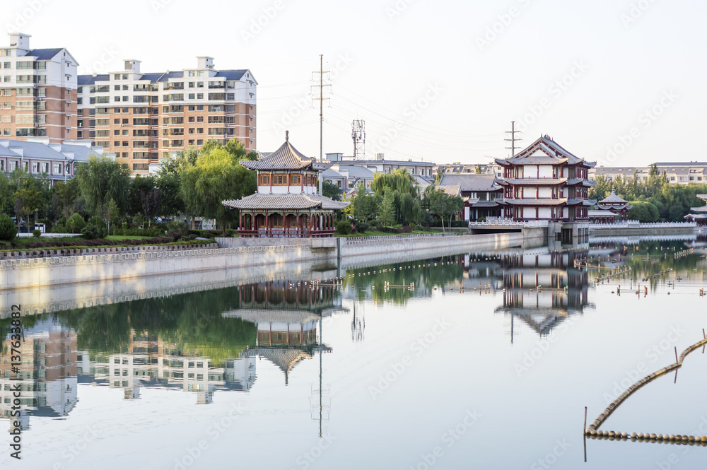 Traditional chinese architecture water reflection