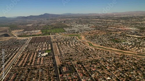 Aerial of the residential neighborhood, showing houses and streets. Wide angle view. photo