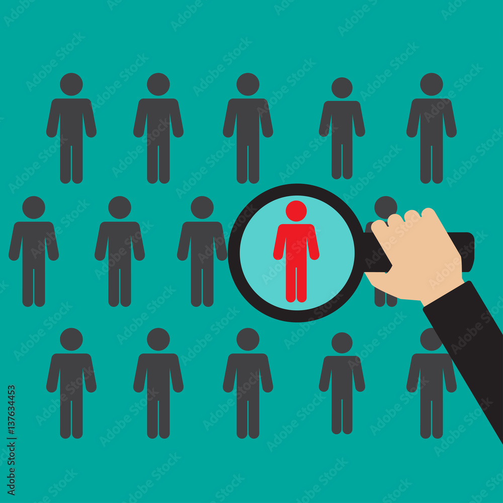 Search man vector icon. Job search. Magnifying glass with men inside Search man vector icon. Job search. Magnifying glass with men inside