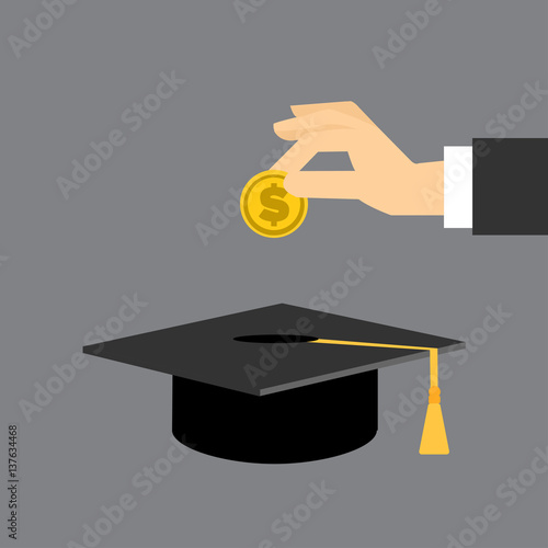 hand put gold coin in graduation cap.