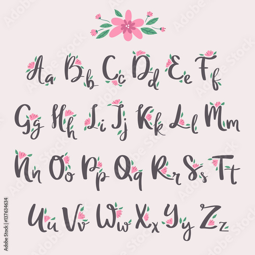 Vector colorful flower font nature colorful summer type and hand drawn alphabet spring beautiful flora set blossom lettering romantic cute design illustration.