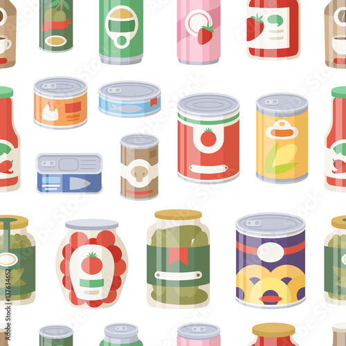 Collection of various tins canned goods food metal container grocery store and product seamless pattern storage aluminum flat label conserve vector illustration.