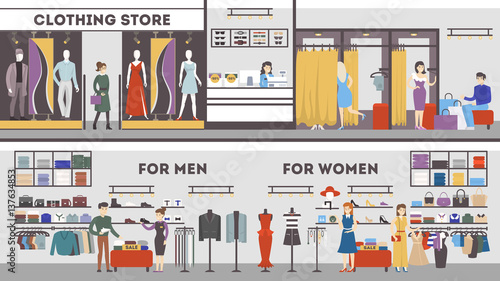 Clothing store interior set. Dressing room, men's and women's fashion.