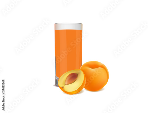 glass of juice and fresh apricots on white background