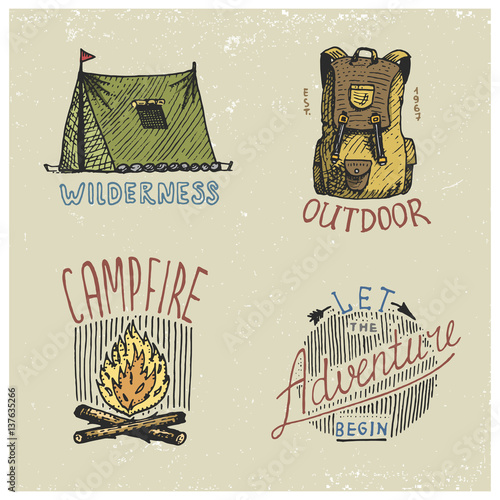 set of engraved vintage, hand drawn, old, labels or badges for camping, hiking, hunting with backpack, tent, campfire. let the adventure begin quote.