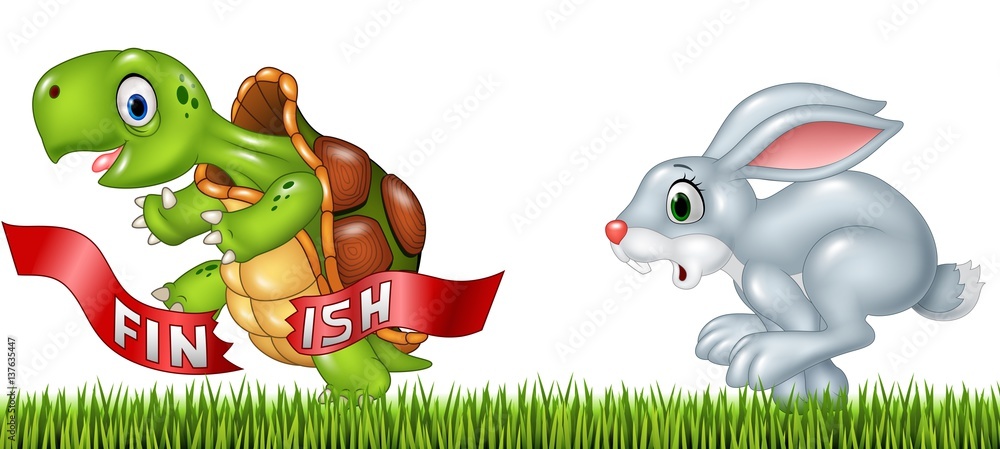 Fototapeta premium Cartoon a turtle win the race against a bunny