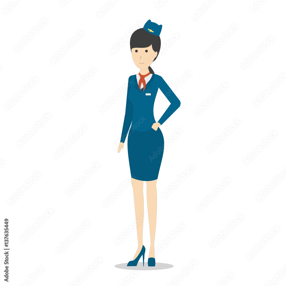 Isolated flight attendant on white background. Beautiful female stewardess in blue uniform gesturing. Isolated flight attendant on white background. Beautiful female stewardess in blue uniform gesturing.