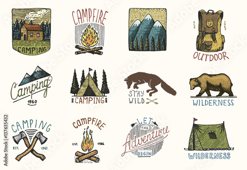 set of engraved vintage, hand drawn, old, labels or badges for camping, hiking, hunting with mountains, campfire and tent, axes. bear and backpack, wolf or red fox.