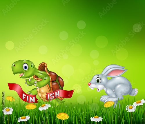 Cartoon a turtle win the race against a bunny