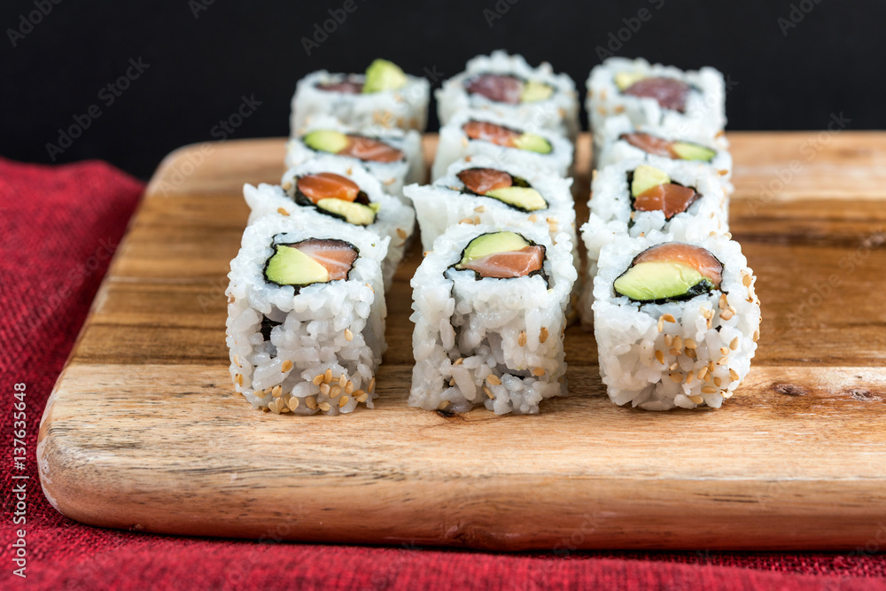 Japanese food Sushi Roll Maki of Salmon and avocado Japanese food Sushi Roll Maki of Salmon and avocado