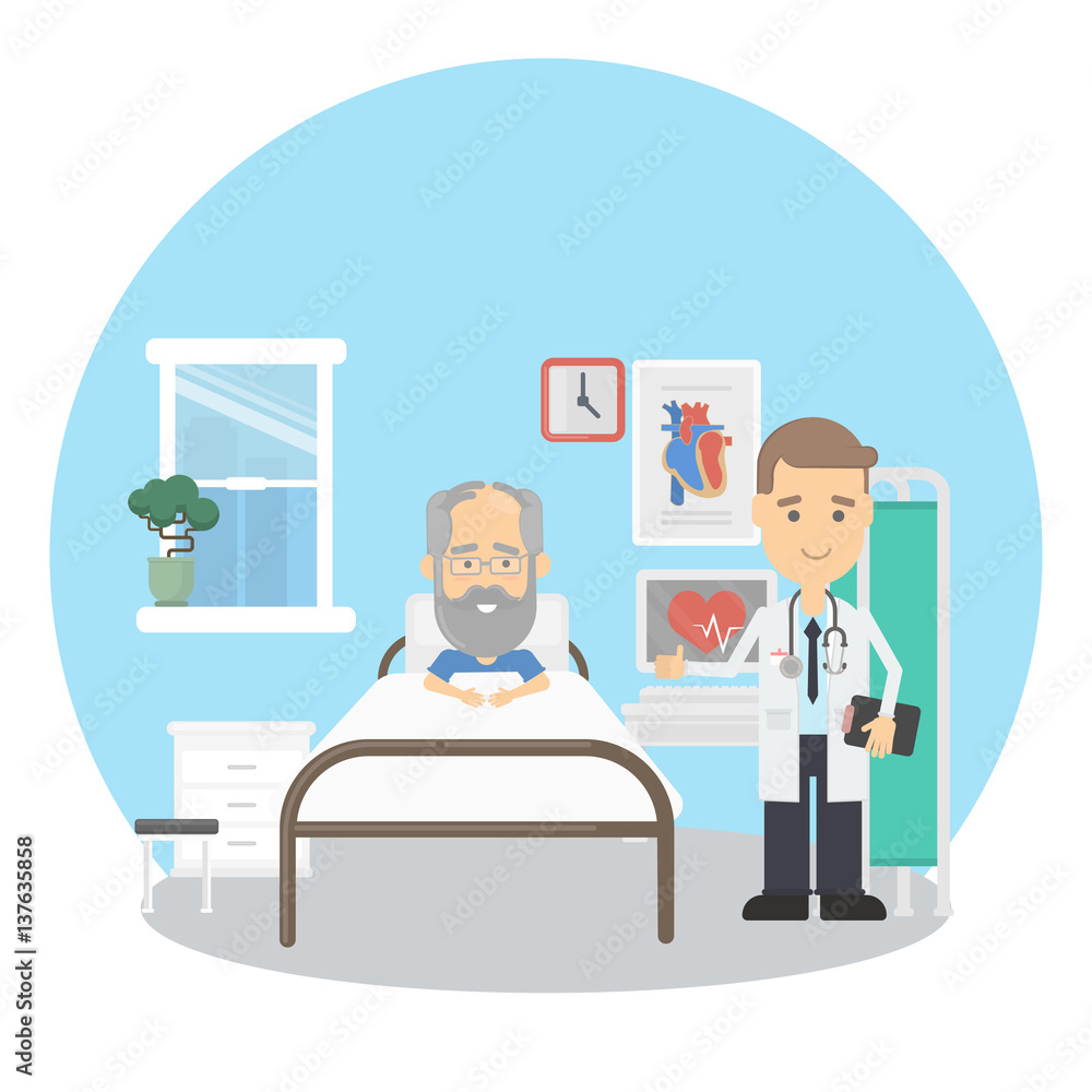 Old man in hospital with doctors gets first aid after heart attack. Old man in hospital with doctors gets first aid after heart attack.