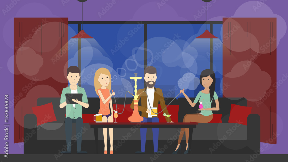 Hookah bar interior. Chill out room with hookah and visitors. Alcohol drinks. Women and men relax and smoke. Hookah bar interior. Chill out room with hookah and visitors. Alcohol drinks. Women and men relax and smoke.