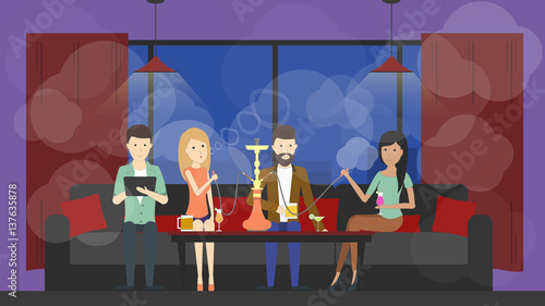 Hookah bar interior. Chill out room with hookah and visitors. Alcohol drinks. Women and men relax and smoke.