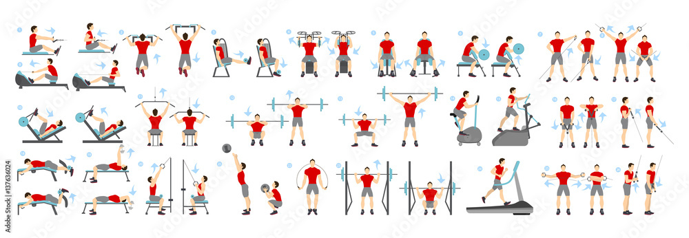 Men workout set. All kinds of exercises in gym like cardio, treadmill, body  lifting and more using machines. Healthy lifestyle. Stock Vector