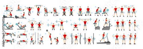 Men workout set. All kinds of exercises in gym like cardio, treadmill, body lifting and more using machines. Healthy lifestyle.