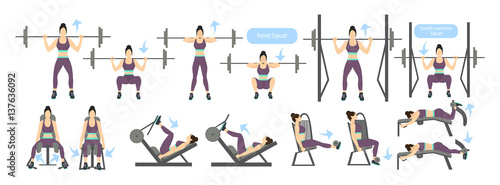 Legs workout for women with machines. All kinds of exercises as squats with weights, smith machine and more