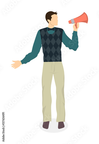 Man with loudspeaker on white background. Concept of promoting, announcement and advertising.