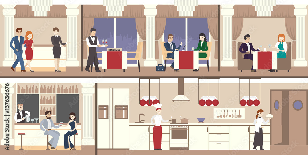 Restaurant interior set. Luxury restaurant with visitors, waiters and kitchen. Restaurant interior set. Luxury restaurant with visitors, waiters and kitchen.