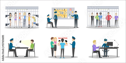 Police station set on white background. Interrogation room, jail with guilty people and office.