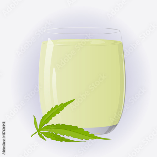 Glass of bhang lassi with cannabis leaf. Indian traditional drink to celebrate Holi in cartoon style. Special Lassi. Vector illustration. Holiday Collection.
