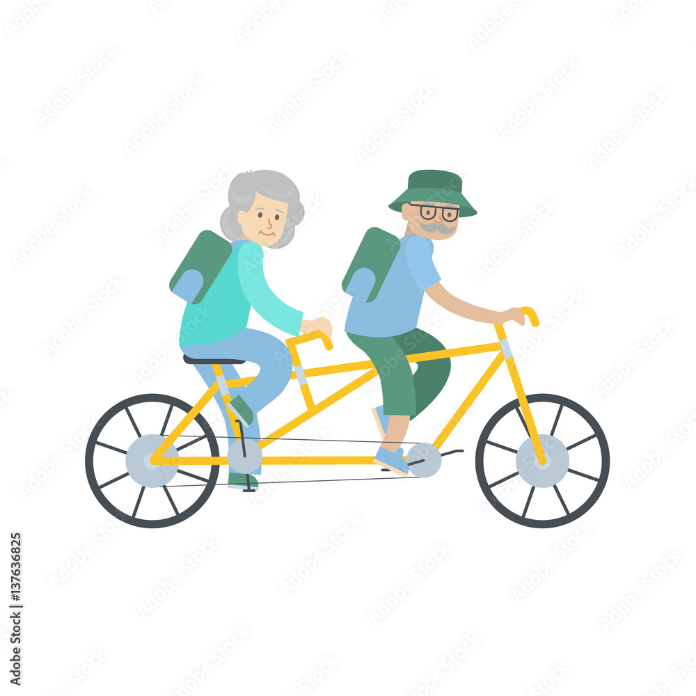 Old couple cycling together. Isolated characters on white background. Green old ages. Old couple cycling together. Isolated characters on white background. Green old ages.