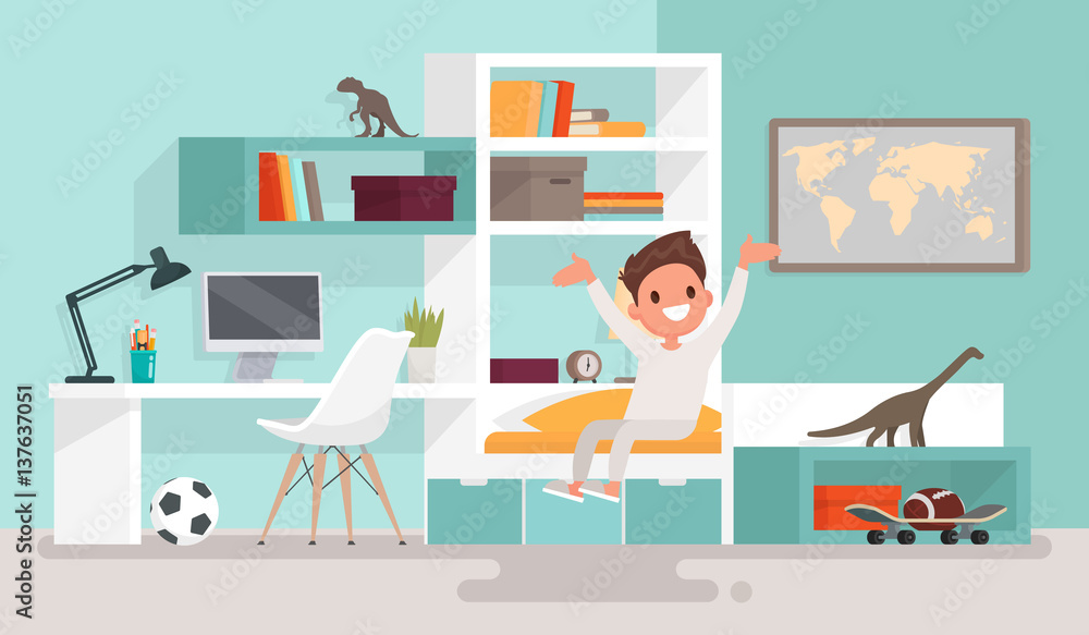 Boy woke up and sits on the stretching bed. Good morning. Vector illustration in a flat style
