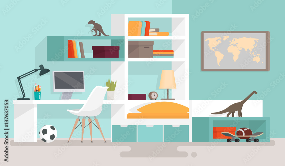 Interior boy's room. Vector illustration in a flat style Interior boy's room. Vector illustration in a flat style