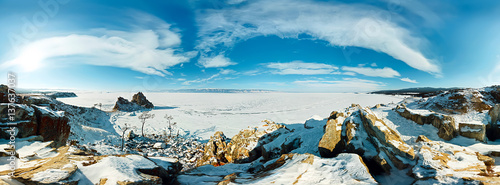 Cylindrical panorama Cape shaman on the island of Olkhon, Lake Baikal © Baikal360
