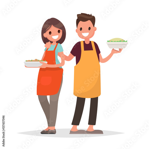 Husband and wife are preparing together on an isolated background. Vector illustration in a flat style